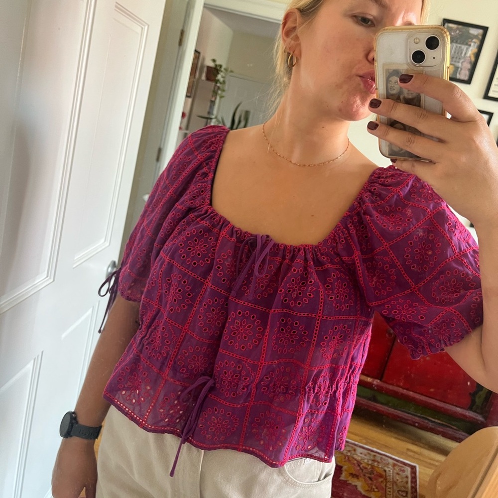 Ganni Eyelet Purple Top
